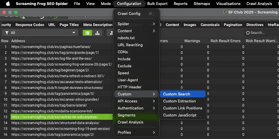 Menú Configuration › Custom de Screaming Frog SEO Spider 24.3 con Custom Search, Custom Extraction, Custom Link Positions y Custom JavaScript