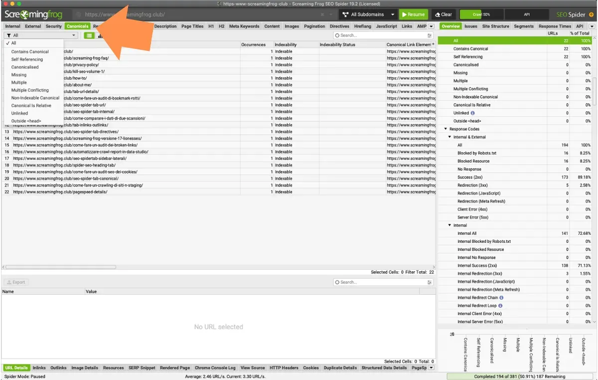 Screaming Frog Canonicals tab with the filter menu open, the Occurrences and Canonical Link Element columns and the Overview sidebar
