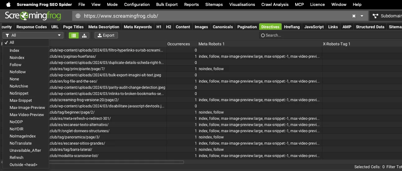 Screaming Frog Directives tab with the filter menu open and the Occurrences, Meta Robots 1 and X-Robots-Tag 1 columns