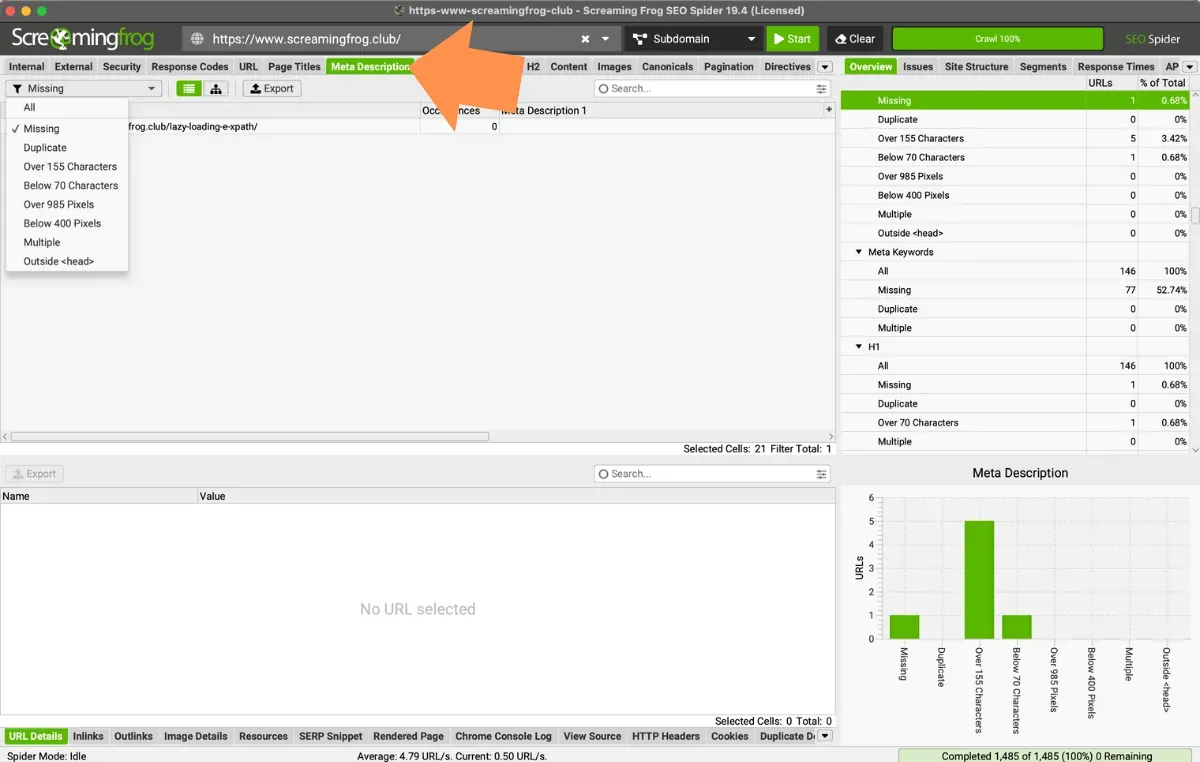 Screaming Frog Meta Description tab with the Missing filter, the Overview sidebar and the filter chart