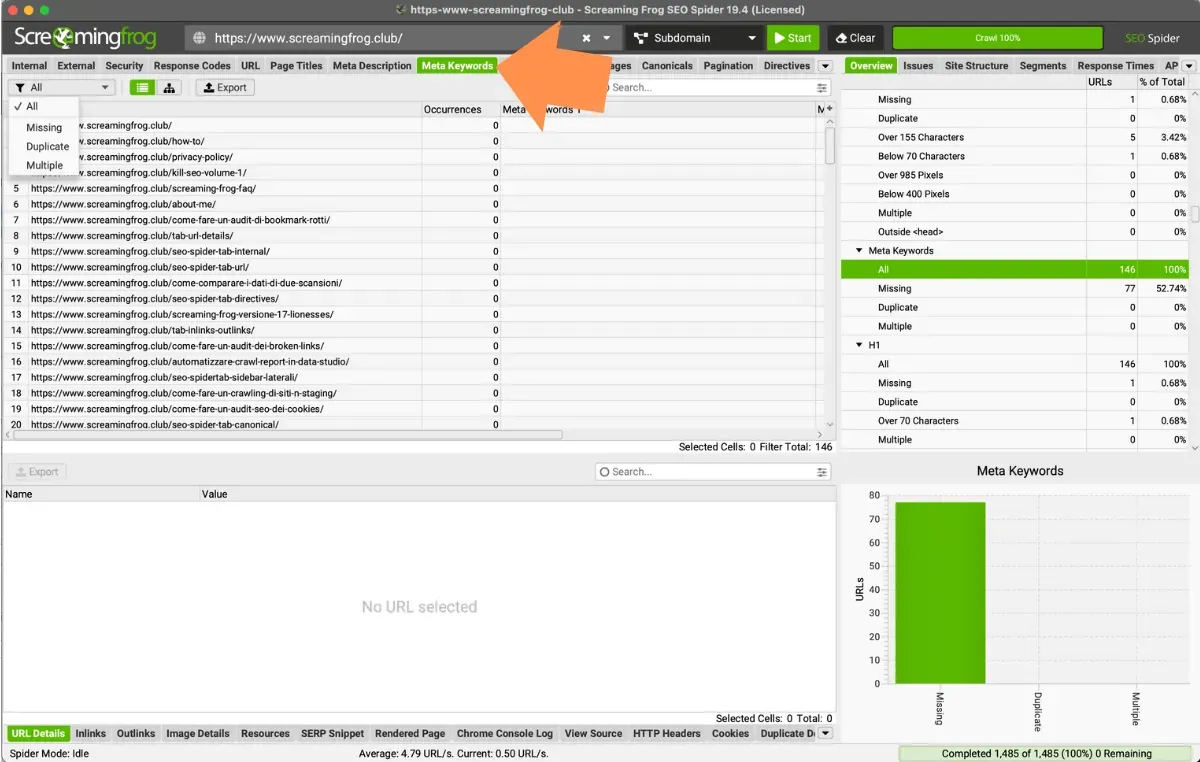 Screaming Frog Meta Keywords tab with the Missing, Duplicate and Multiple filters and the Overview sidebar