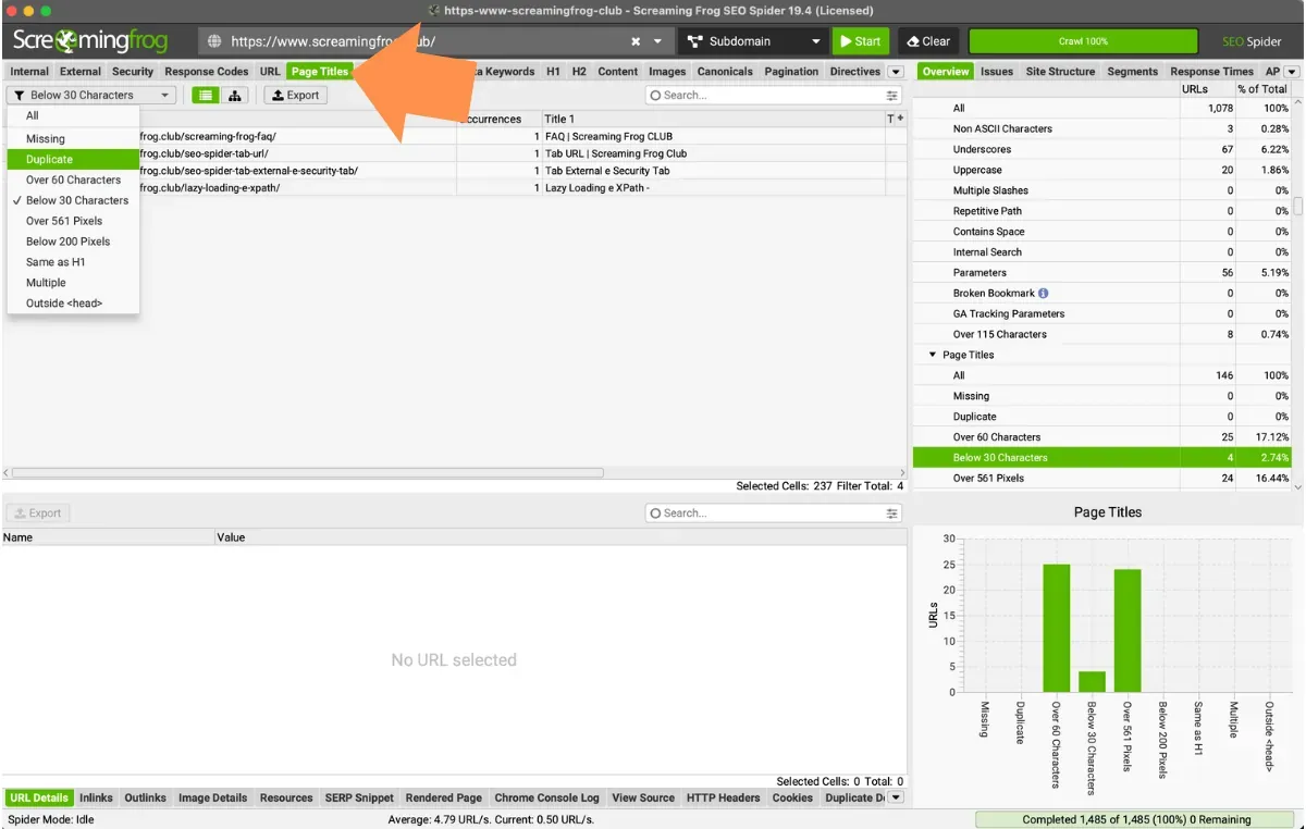 Screaming Frog Page Titles tab with the Below 30 Characters filter, the Overview sidebar and the filter chart