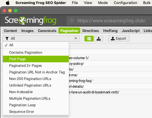 Screaming Frog Pagination tab with the filter menu open