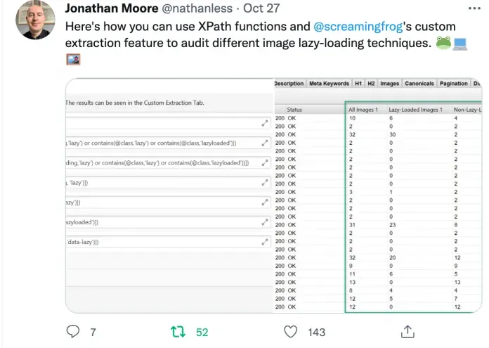 Tweet by Jonathan Moore showing how to use XPath functions and Screaming Frog Custom Extraction to analyse image lazy loading
