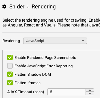 configurazione dell'AJAX timeout con screaming frog