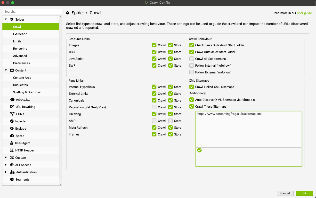 Tab dedicata alle Sitemap del Seo Spider Screaming Frog