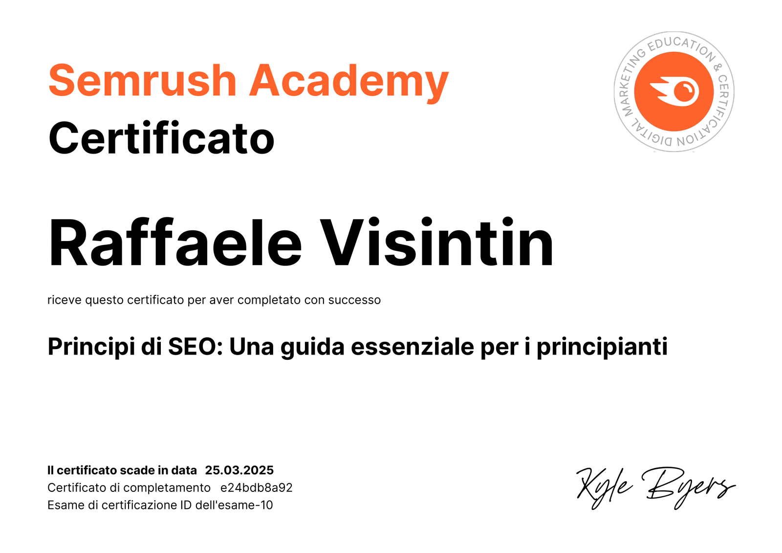 Certificato seo base ottenuto da semrush