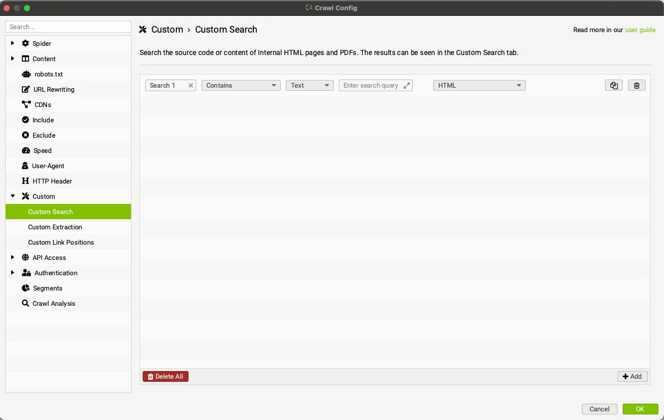 Configurazione della Custom Search su Screaming Frog