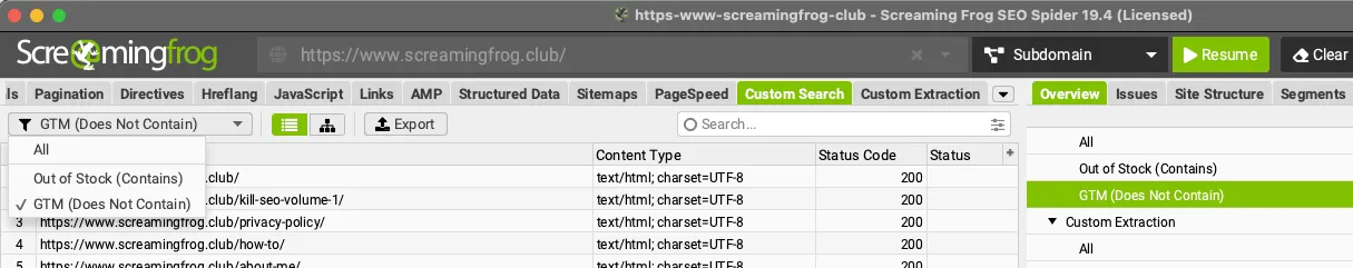 crawler di Screaming Frog club con la funzione custom search