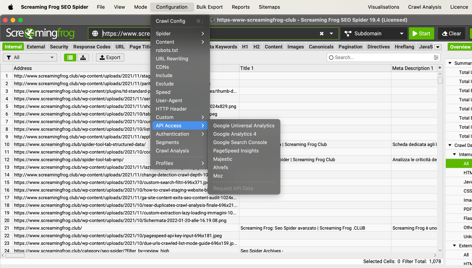 Configurazioni API con Screaming Frog per analisi avanzate con il seo spider