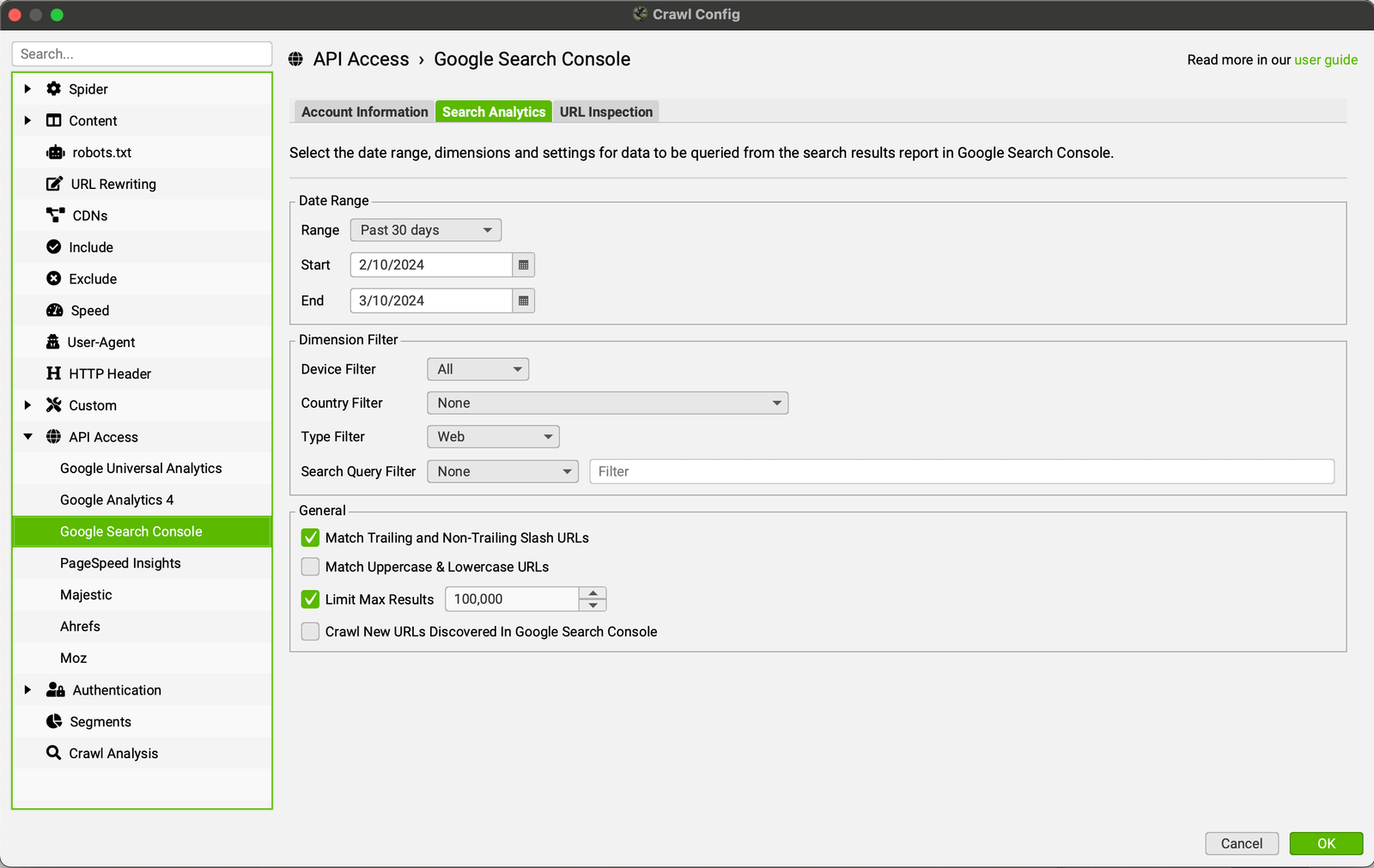 Gestione del periodo di riferimento per analisi dati con screaming frog e integrazioni API