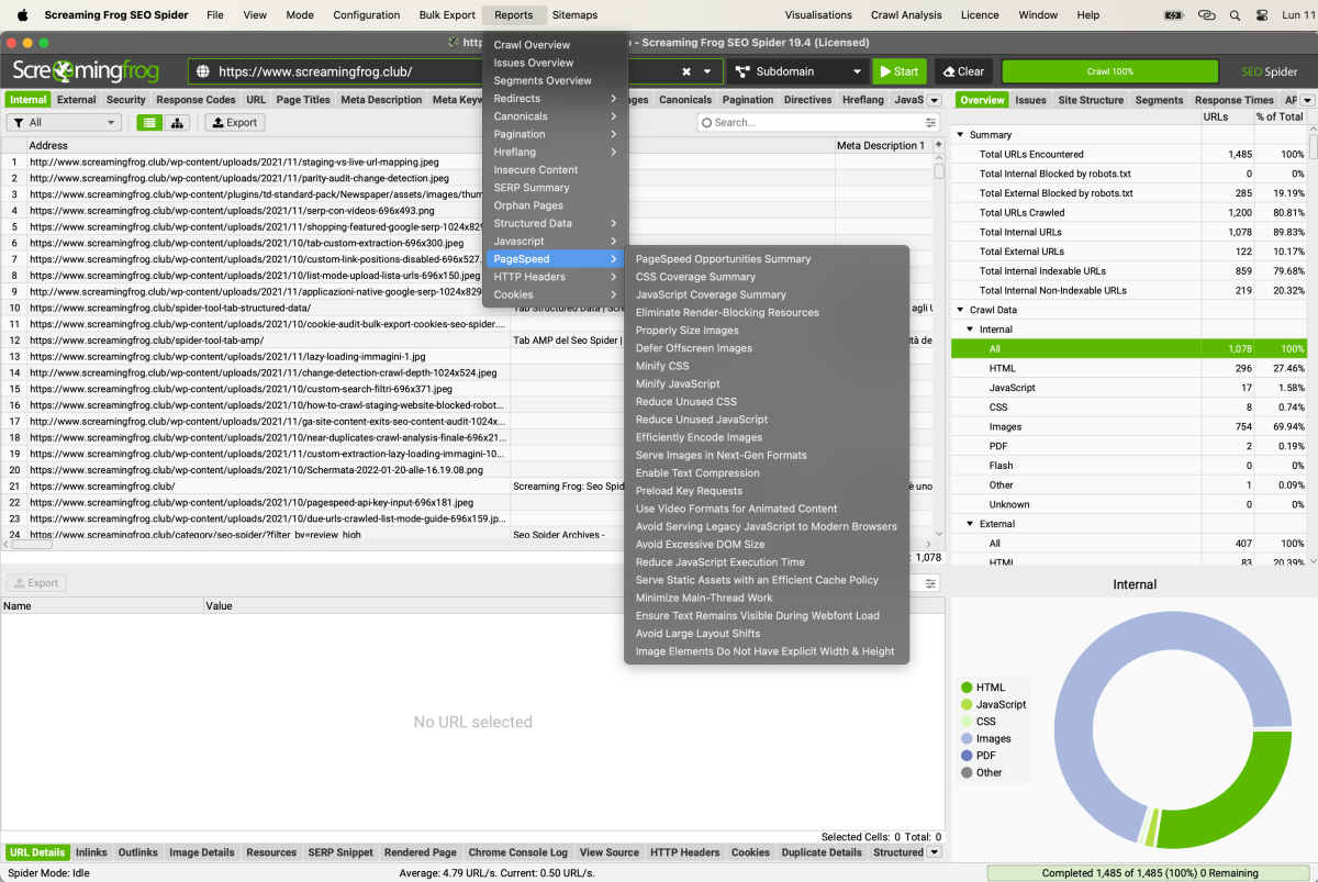 Panoramica del report "Pagespeed" di Screaming Frog