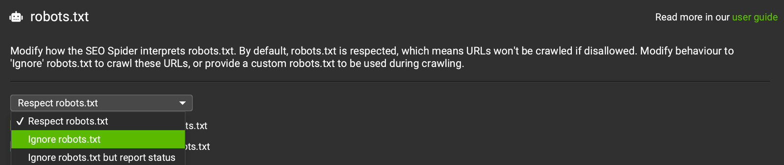 configurazione robots.txt per scansione con seo spider