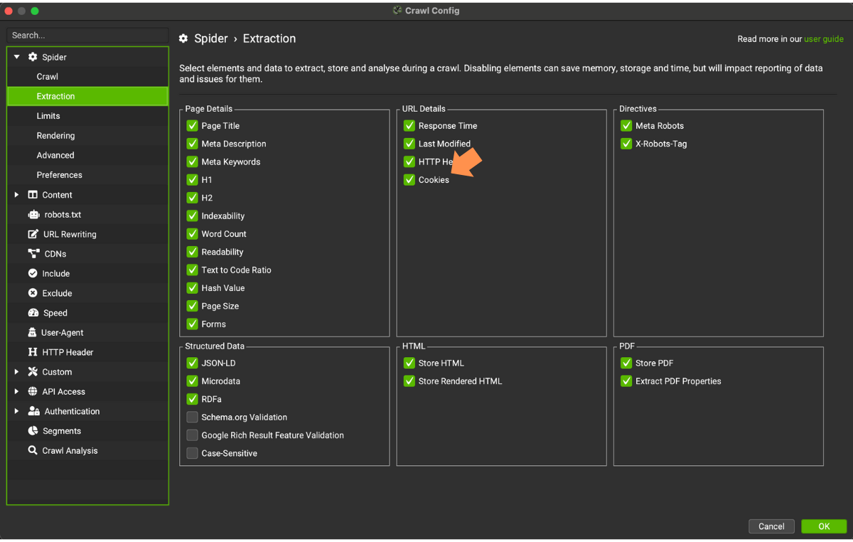 configurazione screaming frog per l'analisi dei cookies
