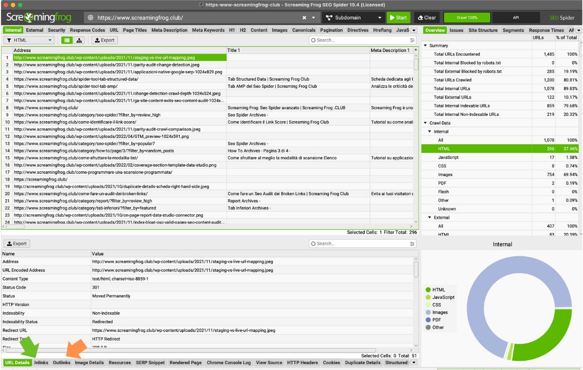 Tab Inlinks e Outlinks su Screaming Frog