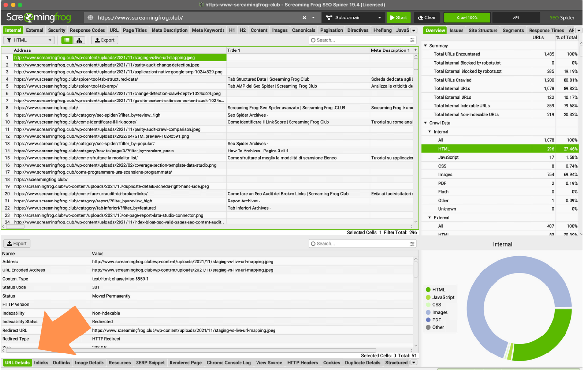 Tab inferiore del seo spider con i dettagli sugli URLs scansionati