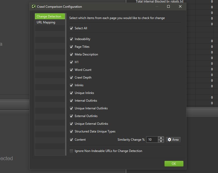 funzione change detection di screaming frog per le migrazioni seo