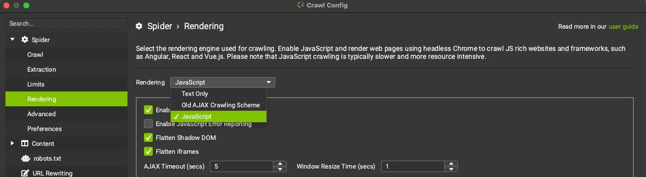 configurazione del rendering JS sul Seo Spider