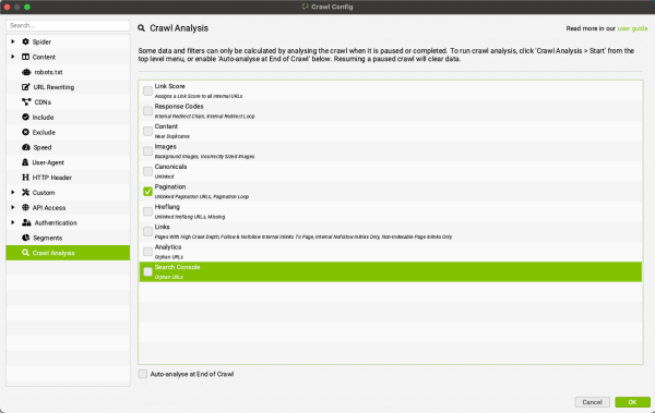 crawl analysis di screaming frog per la paginazione