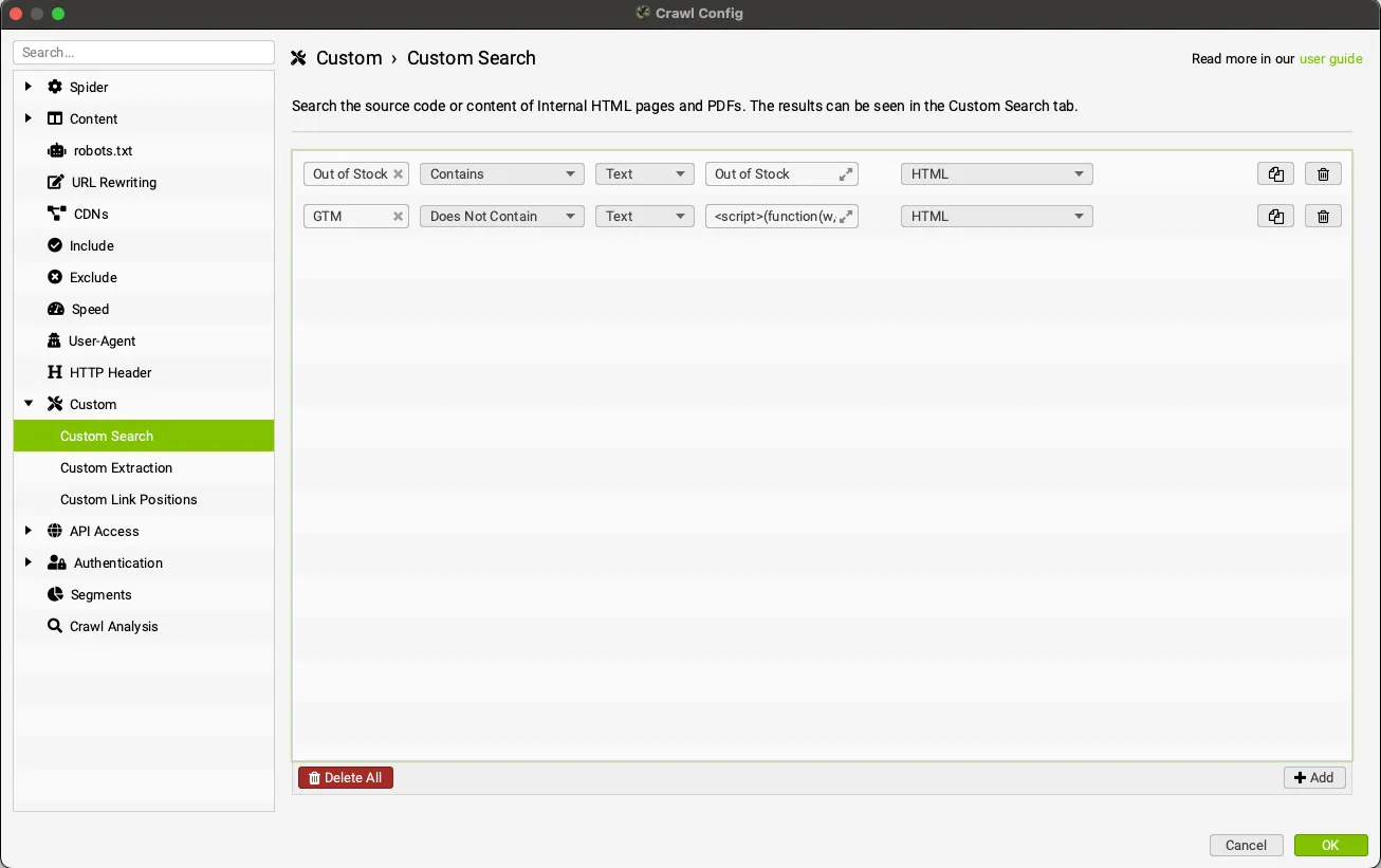 Esempio di custom search con il seo spider