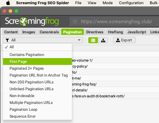 filtri a disposizione nella tab paginazione di screaming frog