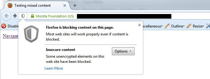 esempio blocco pagina non sicura su firefox