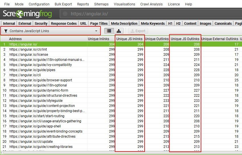 analisi links scoperti dopo renderizzazione javascript