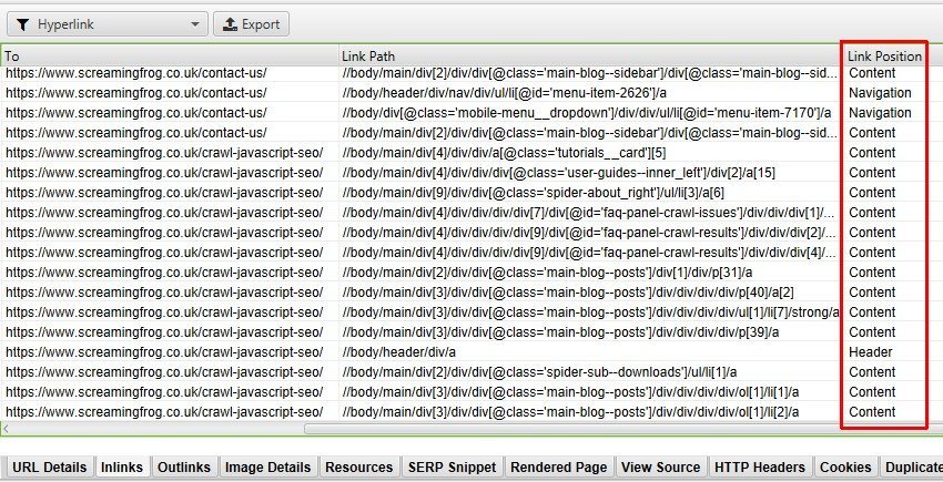 controllo sulla posizione dei link con screaming Frog
