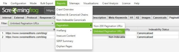 paginazione reports Menu di screaming frog per scaricare report sulle paginazioni