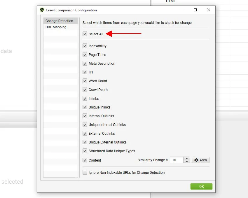 Elaborazione seo parity con funzione Change detection del seo spider