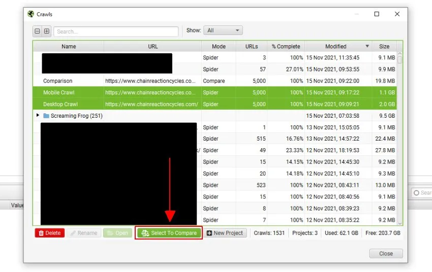 Comparazione sito mobile e desktop con funzione compare di screaming frog