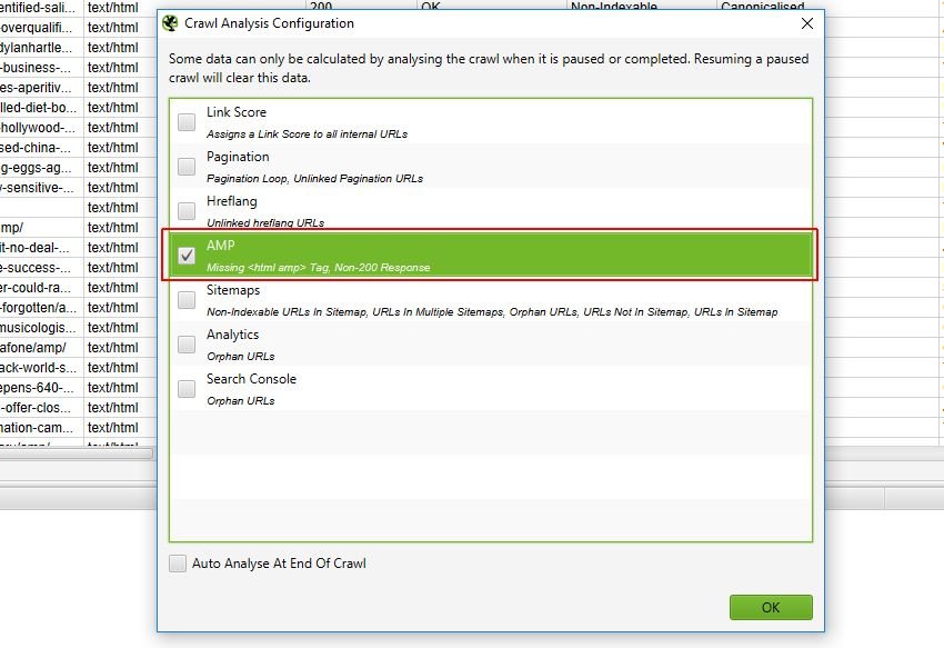 Utilizzo della crawl analysis per dati completi sulla versione AMP