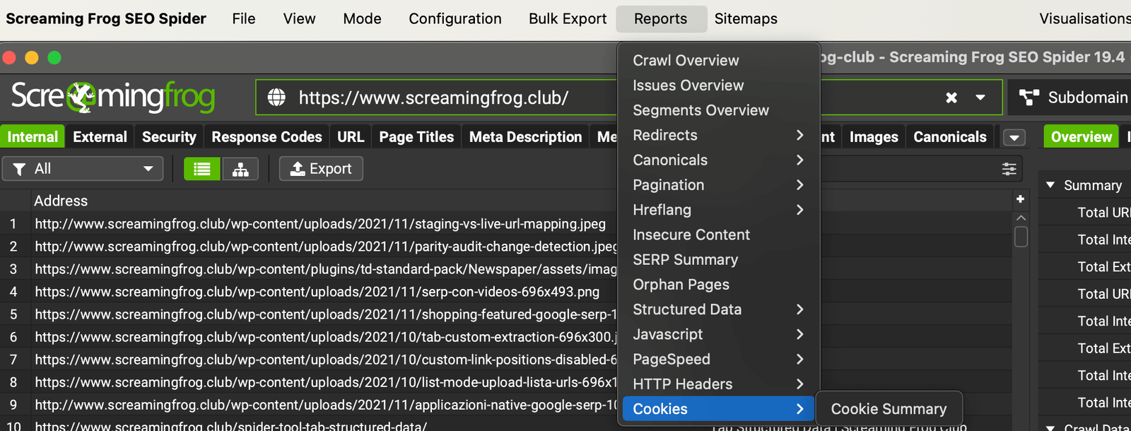 Report riepilogo analisi cookies