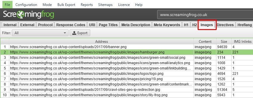tab in screaming frog per analisi delle immagini