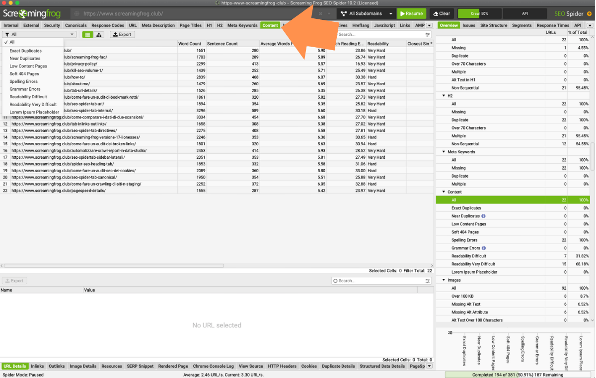 Scheda "Content" del seo spider con riferimenti a contenuti duplicati, simili o di basso valore