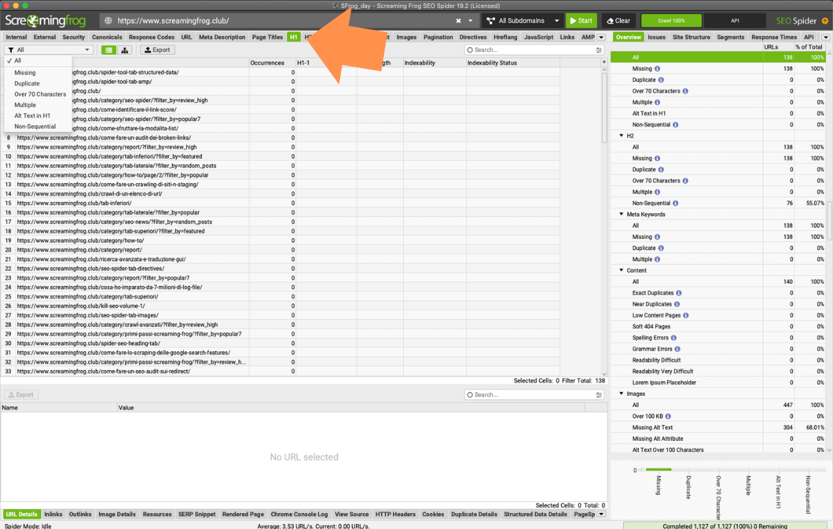 Scheda di Screaming Frog dedicata all'heading e alla sua analisi