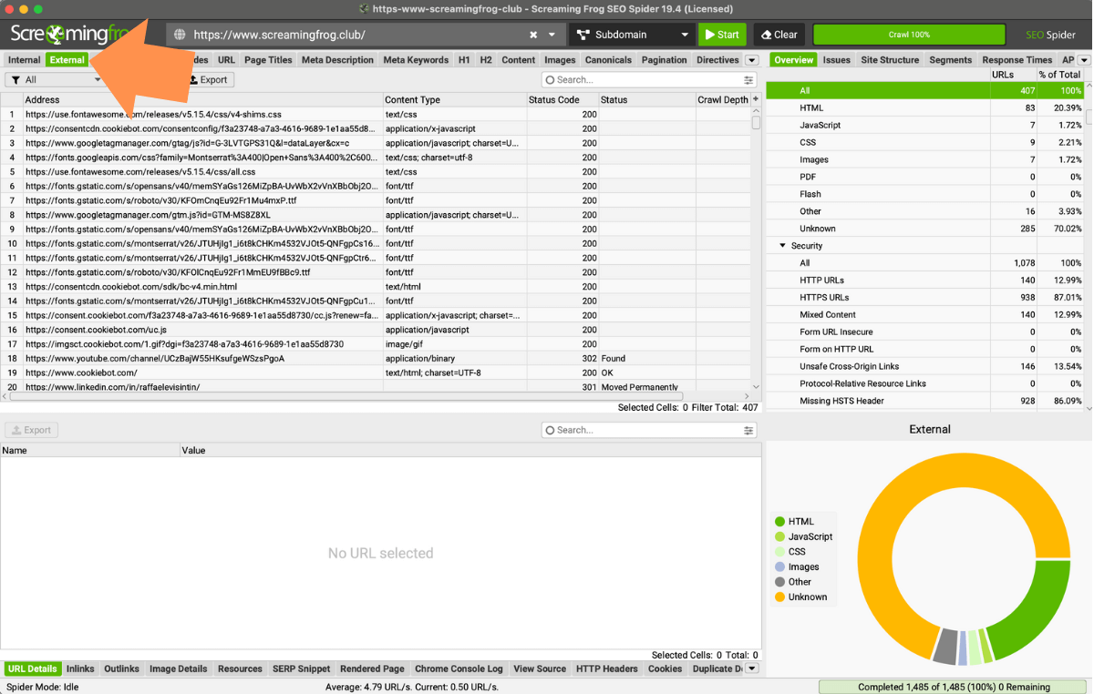 Tab External del Seo Spider Screaming Frog
