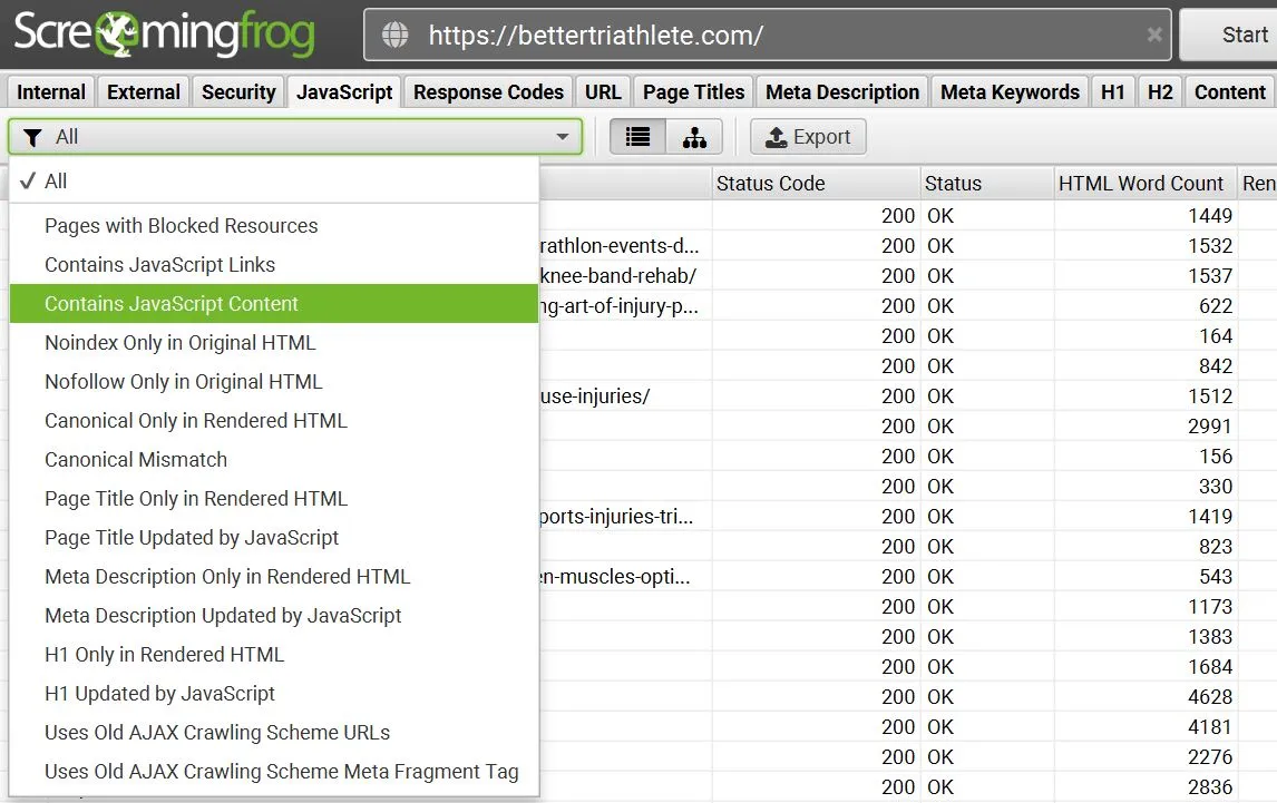 Filtri per analisi JS con il seo spider