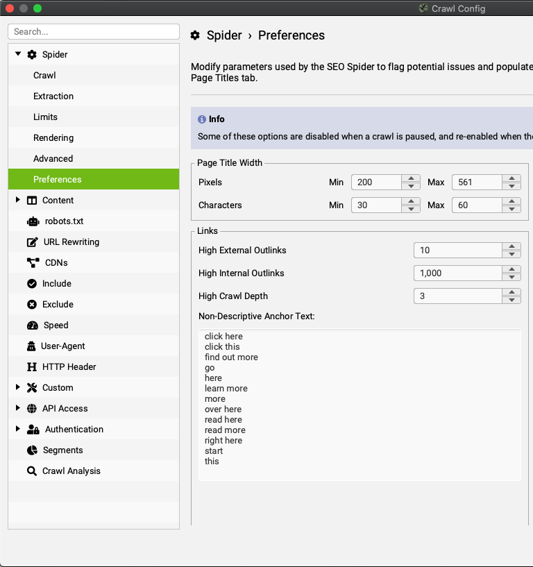 Personalizzazione delle query per gli anchor text per analisi con il seo spider