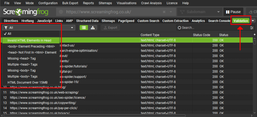 La scheda Validation per analisi elementi invalidanti nell'Html head