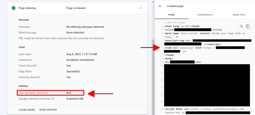 Canonical ignorato da google per elementi html non validi nell'head