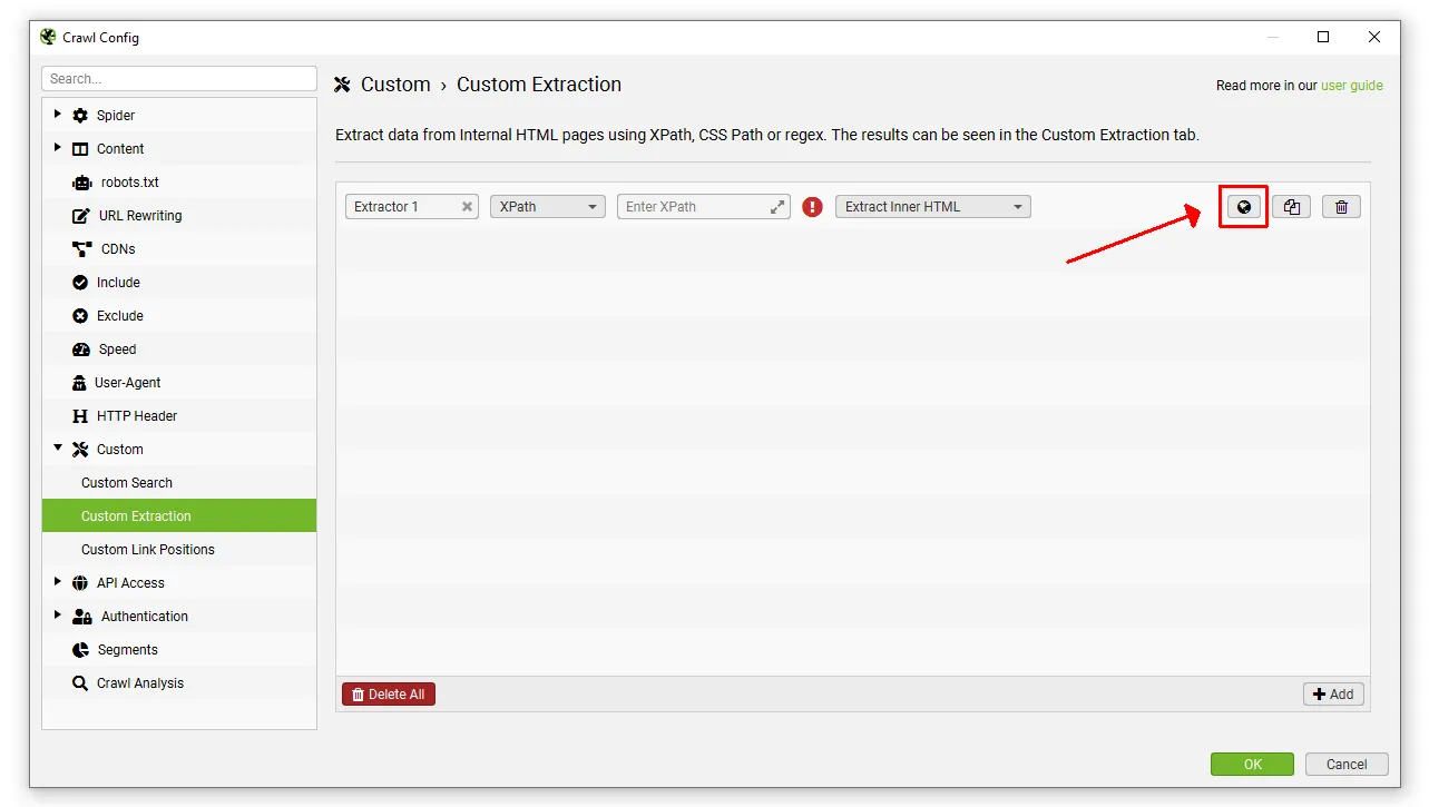 la funzione visual della custom extraction del Seo spider screaming frog
