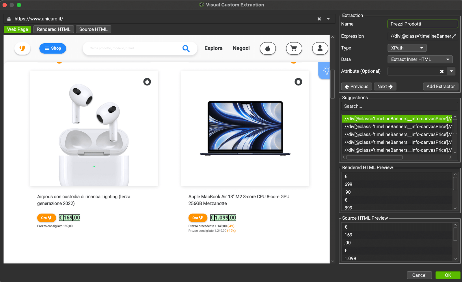 Esempio della visual extraction con screaming frog
