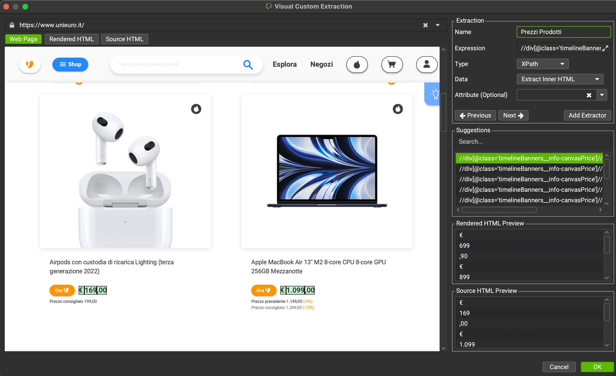 Esempio della visual extraction con screaming frog