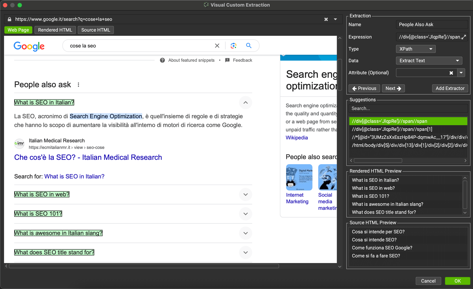 Utilizzo della custom extraction con il Seo spider di una query in serp