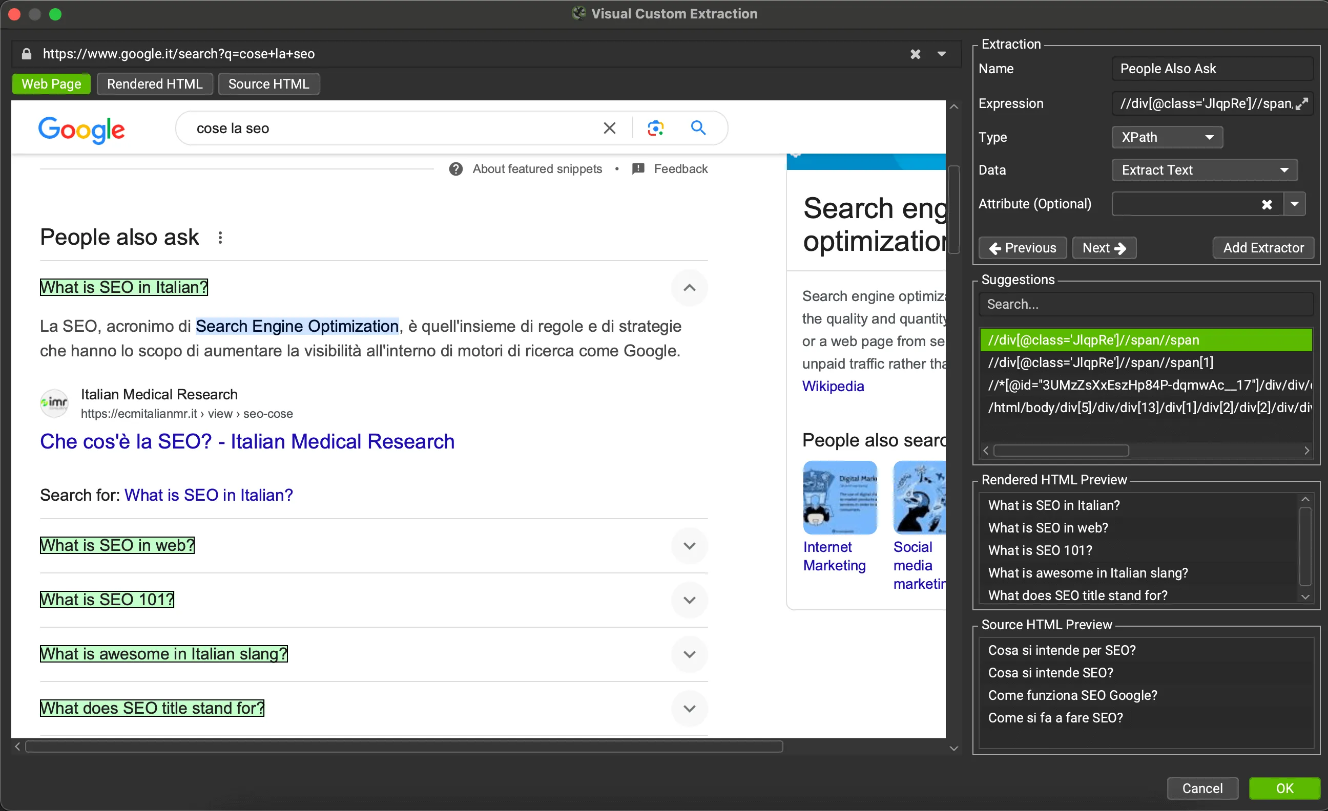 Utilizzo della custom extraction con il Seo spider di una query in serp