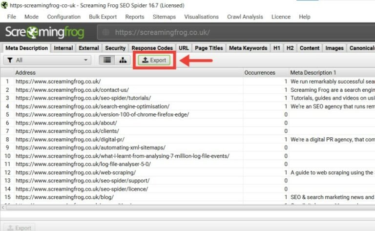 Funzione export di screaming frog