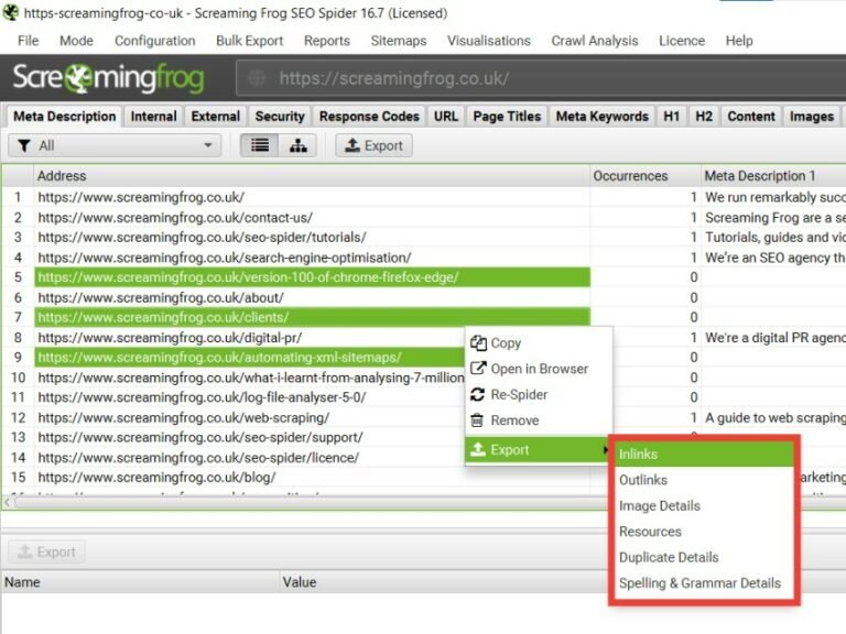 esportazione dei dati finestra inferiore del seo spider