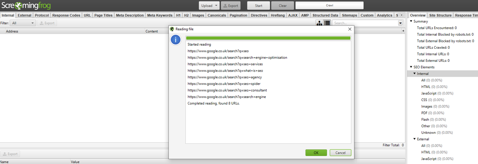 Modalità list per la scansione delle parole chiavi con il seo spider