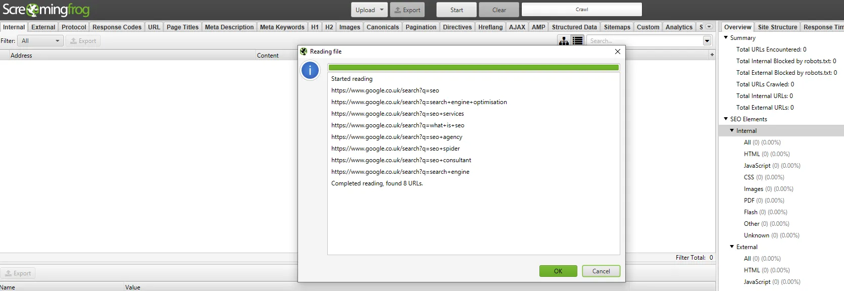 Modalità list per la scansione delle parole chiavi con il seo spider